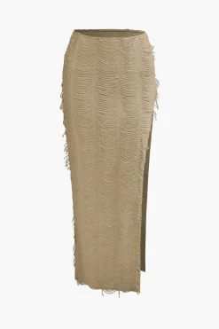Distressed V-neck Cap Sleeve Crop Top And Slit Maxi Skirt Set