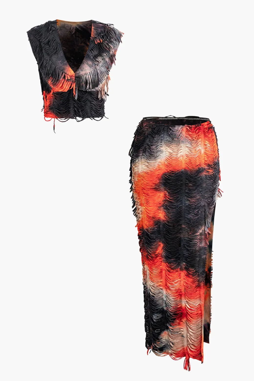 Distressed V-neck Cap Sleeve Crop Top And Slit Maxi Skirt Set