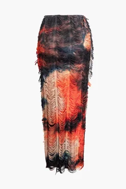 Distressed V-neck Cap Sleeve Crop Top And Slit Maxi Skirt Set