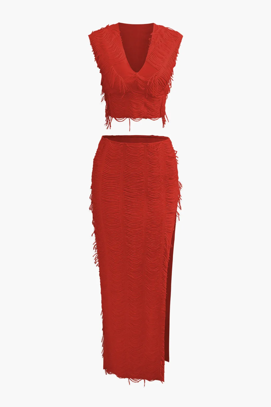 Distressed V-neck Cap Sleeve Crop Top And Slit Maxi Skirt Set