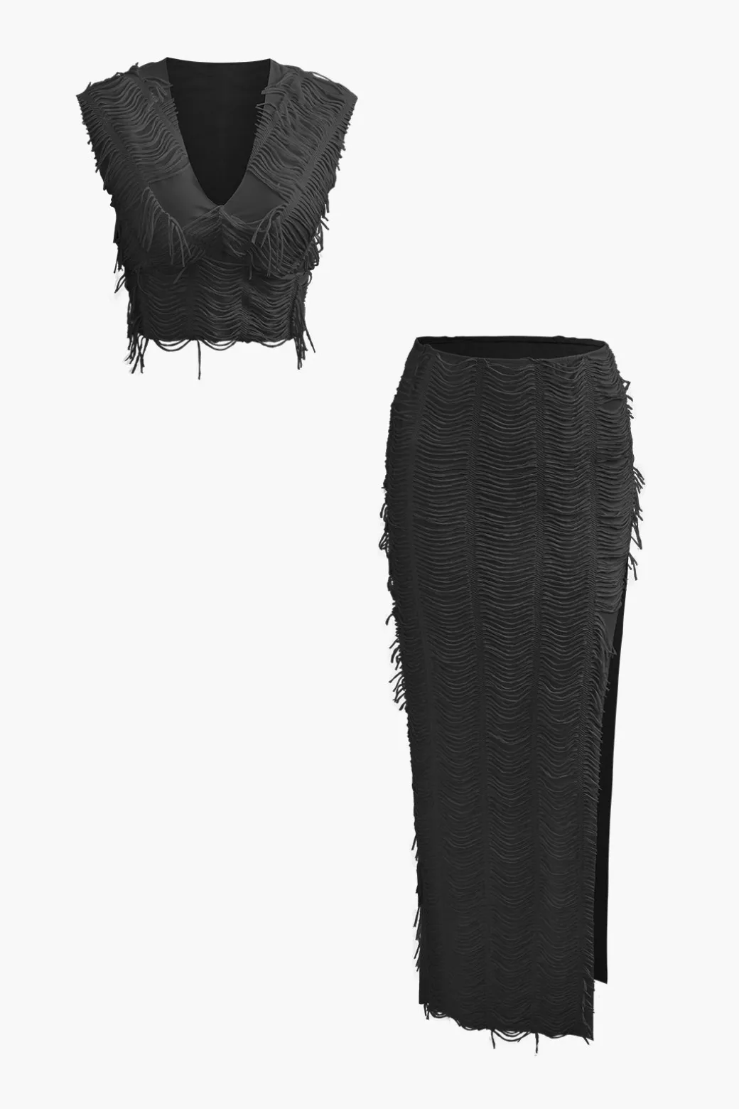 Distressed V-neck Cap Sleeve Crop Top And Slit Maxi Skirt Set