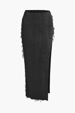 Distressed V-neck Cap Sleeve Crop Top And Slit Maxi Skirt Set