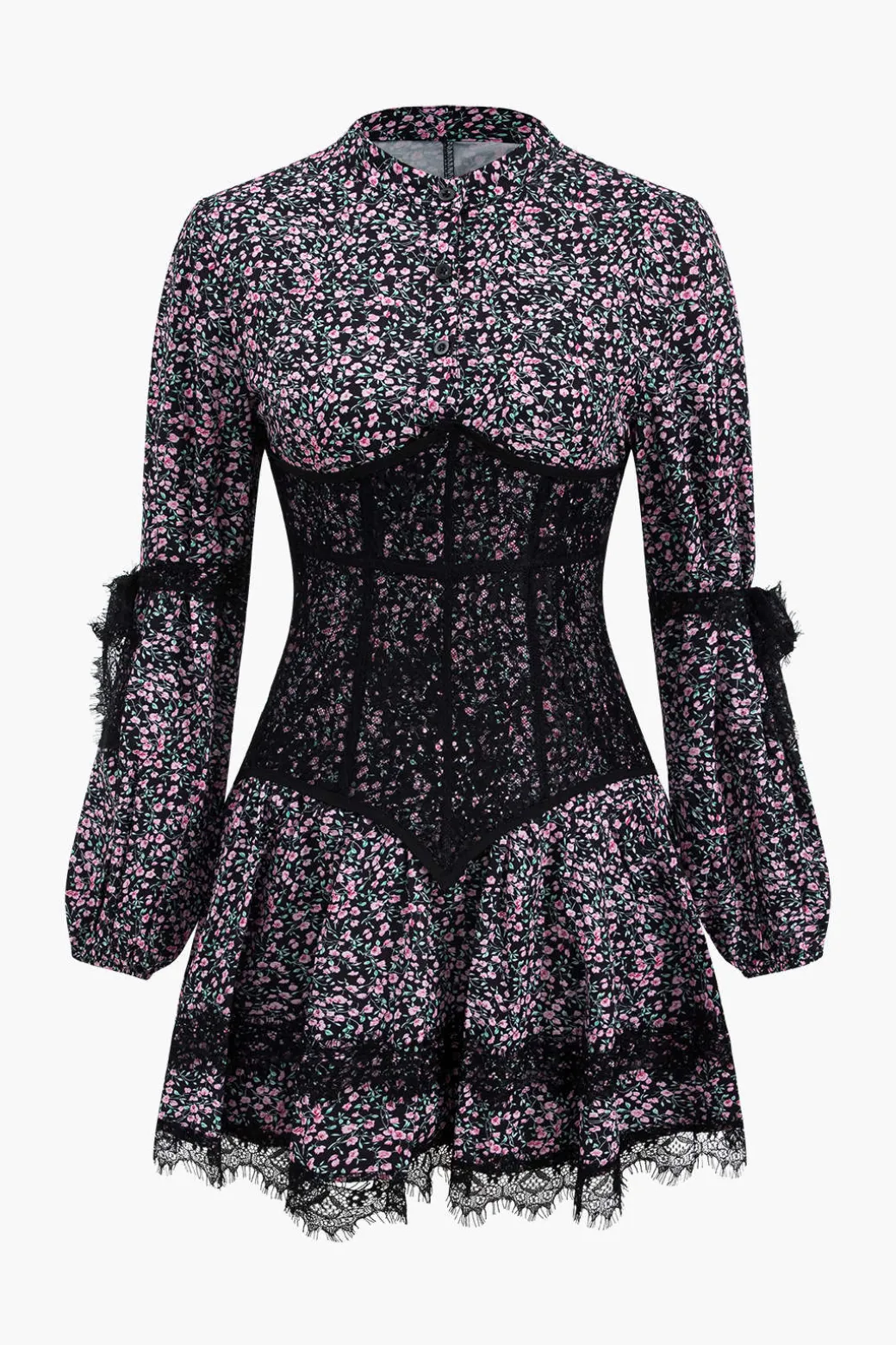 Ditsy Floral Print Lace Trim Corset Long Sleeve Mini Dress