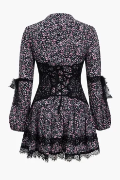 Ditsy Floral Print Lace Trim Corset Long Sleeve Mini Dress