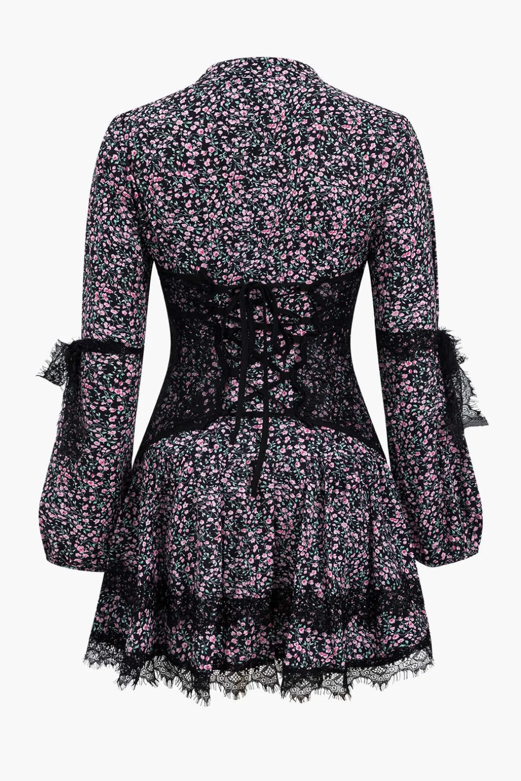 Ditsy Floral Print Lace Trim Corset Long Sleeve Mini Dress