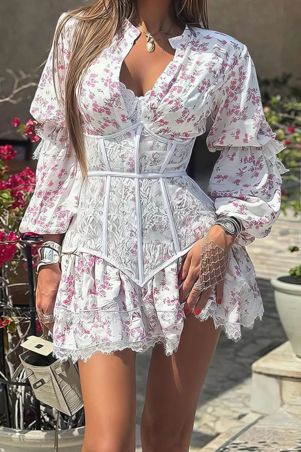 Ditsy Floral Print Lace Trim Corset Long Sleeve Mini Dress
