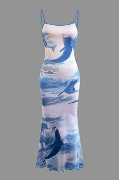 Dolphin Print Mesh Slip Midi Dress