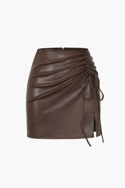 Drawstring Slit Leather Mini Skirt