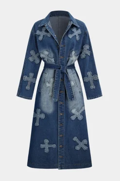 Embroidery Denim Long Coat Belted Outerwear