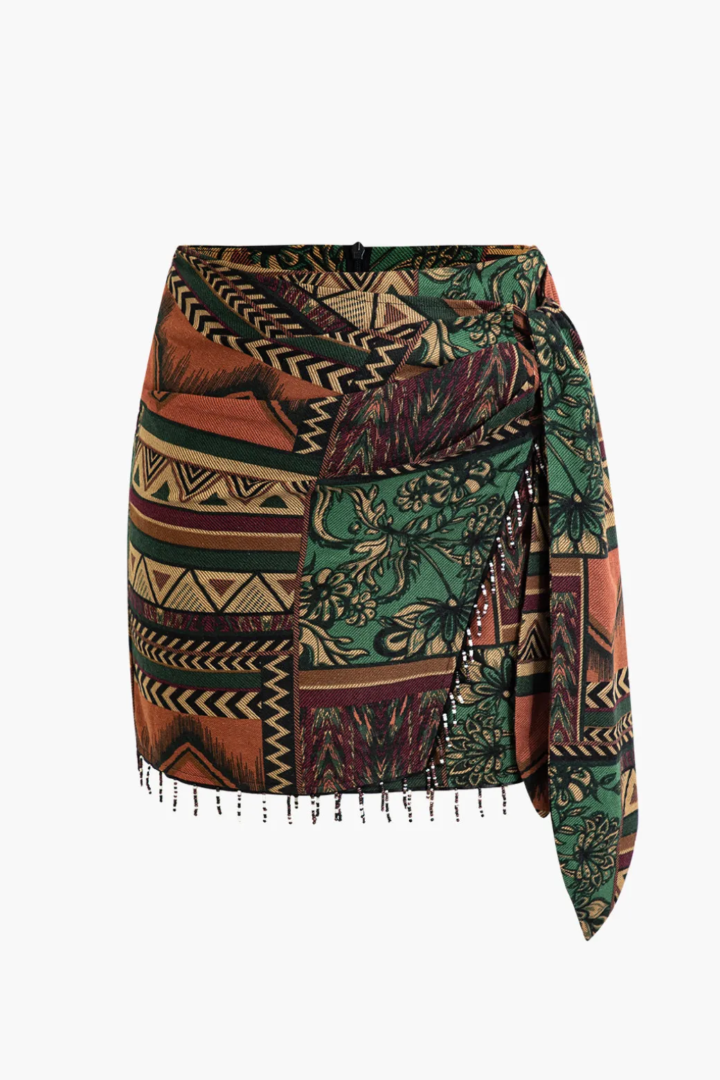 Ethnic Pattern Beaded Fringe Mini Skirt