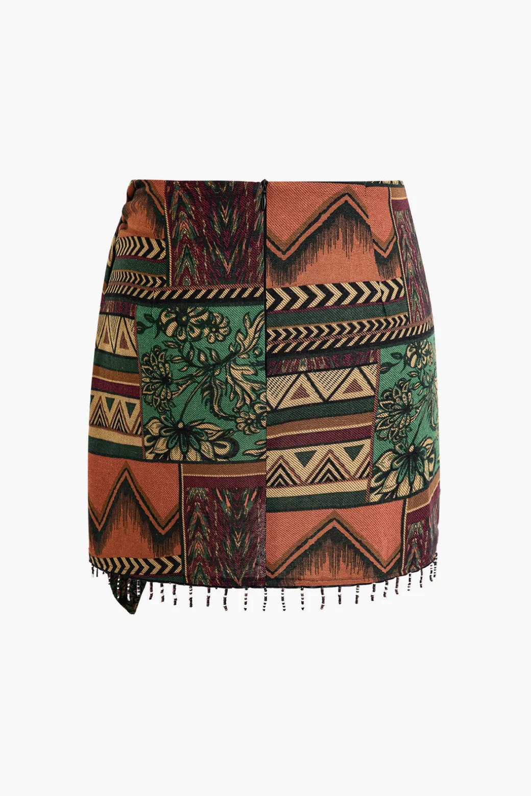 Ethnic Pattern Beaded Fringe Mini Skirt