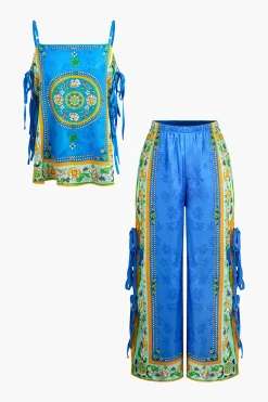 Ethnic Print Satin Knotted Cami Top and Wide Leg Pants Set