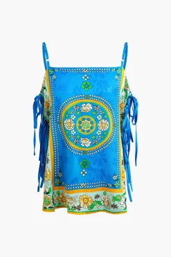 Ethnic Print Satin Knotted Cami Top and Wide Leg Pants Set