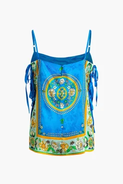 Ethnic Print Satin Knotted Cami Top and Wide Leg Pants Set