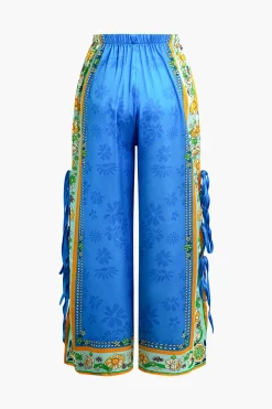 Ethnic Print Satin Knotted Cami Top and Wide Leg Pants Set