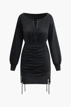 Eyelet Tie Ruched Drawstring Slit Mini Dress