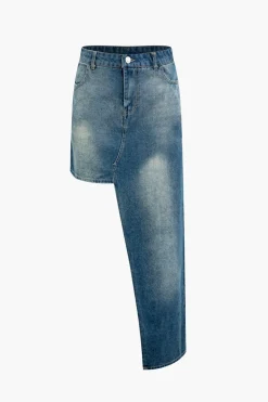 Faded Asymmetric Denim Mini Skirt