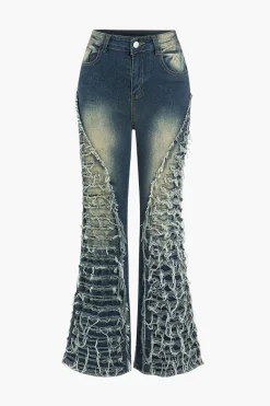 Faded Denim Fringe Flared Jeans