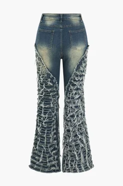 Faded Denim Fringe Flared Jeans