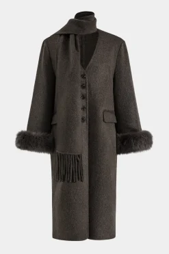 Faux Fur Button Pocket Long-Sleeve Coat With Scarf