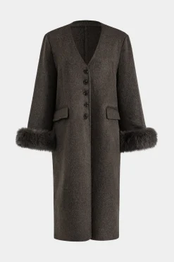 Faux Fur Button Pocket Long-Sleeve Coat With Scarf