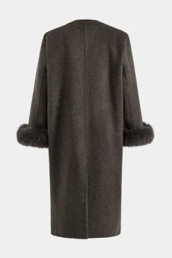 Faux Fur Button Pocket Long-Sleeve Coat With Scarf