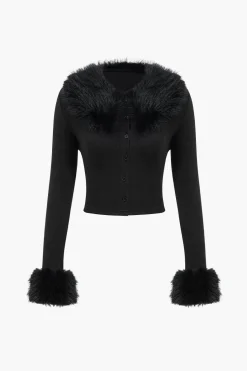 Faux Fur Collar Button Long-Sleeve Top