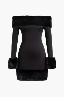 Faux Fur Trim Off Shoulder Midi Dress