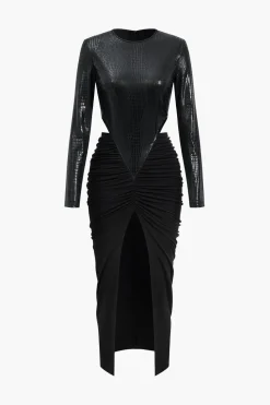 Faux Leather Patchwork Long Sleeve Maxi Dress