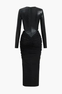 Faux Leather Patchwork Long Sleeve Maxi Dress
