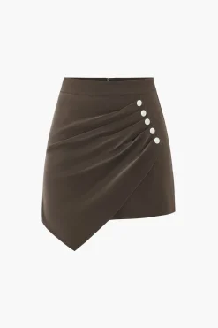 Faux Leather Asymmetrical Button Ruched Skirt