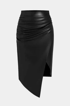 Faux Leather Asymmetrical Ruched Skirt