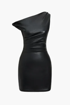 Faux Leather Asymmetrical Twist Knot Zipper Mini Dress