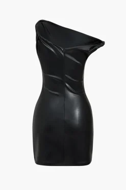 Faux Leather Asymmetrical Twist Knot Zipper Mini Dress