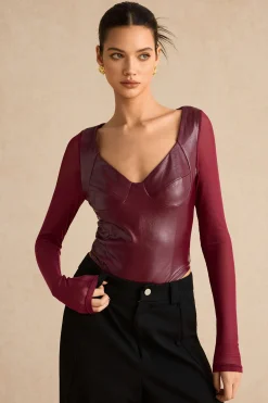 Faux Leather Bustier Long Sleeve Bodysuit