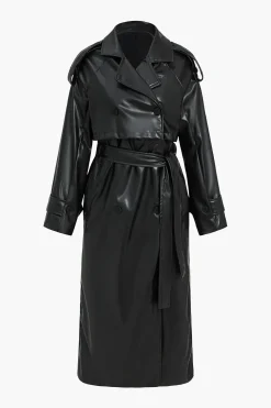 Faux Leather Button Asymmetrical Belted Coat