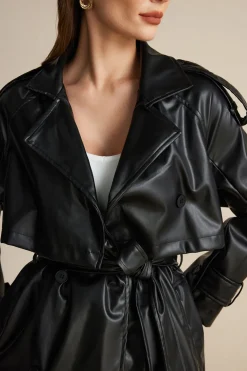 Faux Leather Button Asymmetrical Belted Coat