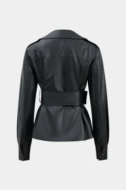 Faux Leather Button Belted Jacket