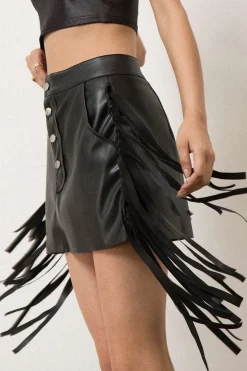 Faux Leather Button Fringe Trim Mini Skirt
