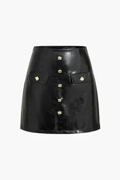 Faux Leather Button Mini Skirt