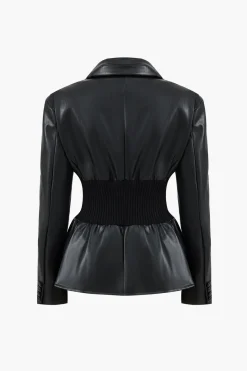 Faux Leather Button Patchwork Blazer