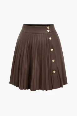 Faux Leather Button Pleated Skirt