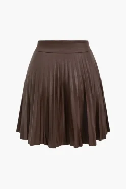 Faux Leather Button Pleated Skirt