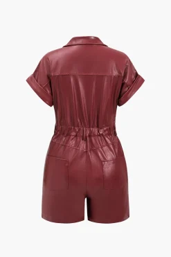 Faux Leather Button Pocket Romper