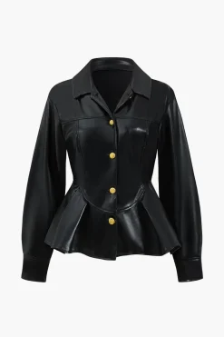 Faux Leather Button Ruched Jacket