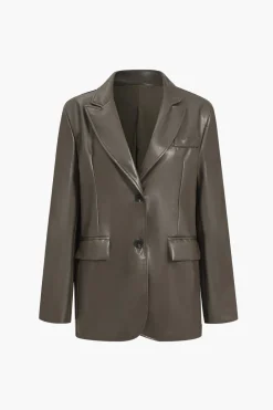 Faux Leather Buttoned Notched Lapel Blazer