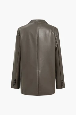 Faux Leather Buttoned Notched Lapel Blazer