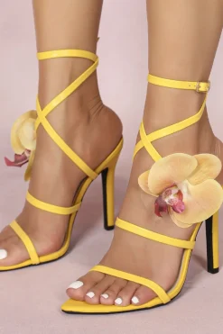 Faux Leather 3D Floral Crossed Pointed Heels