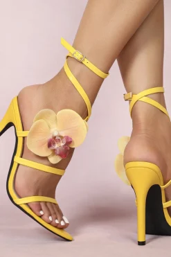 Faux Leather 3D Floral Crossed Pointed Heels