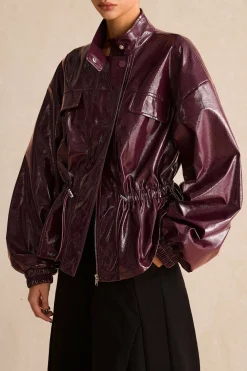 Faux Leather Drawstring Pocket Jacket